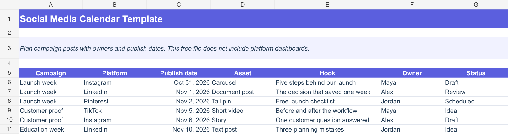 Actual rendered Social Media Calendar Template XLSX