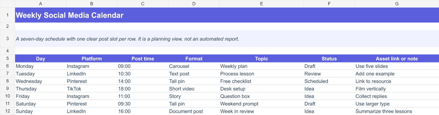 Actual rendered Weekly Social Media Calendar XLSX