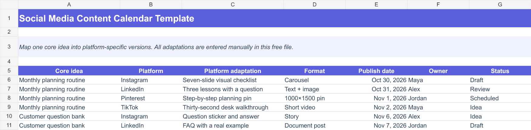 Actual rendered Social Media Content Calendar Template XLSX