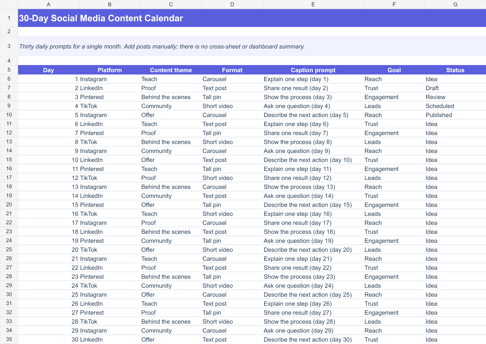 Actual rendered Multi-Platform Content Calendar XLSX