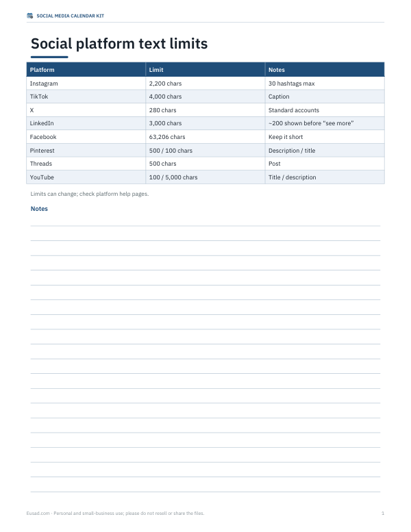 Preview of Social Media Text Limits Chart
